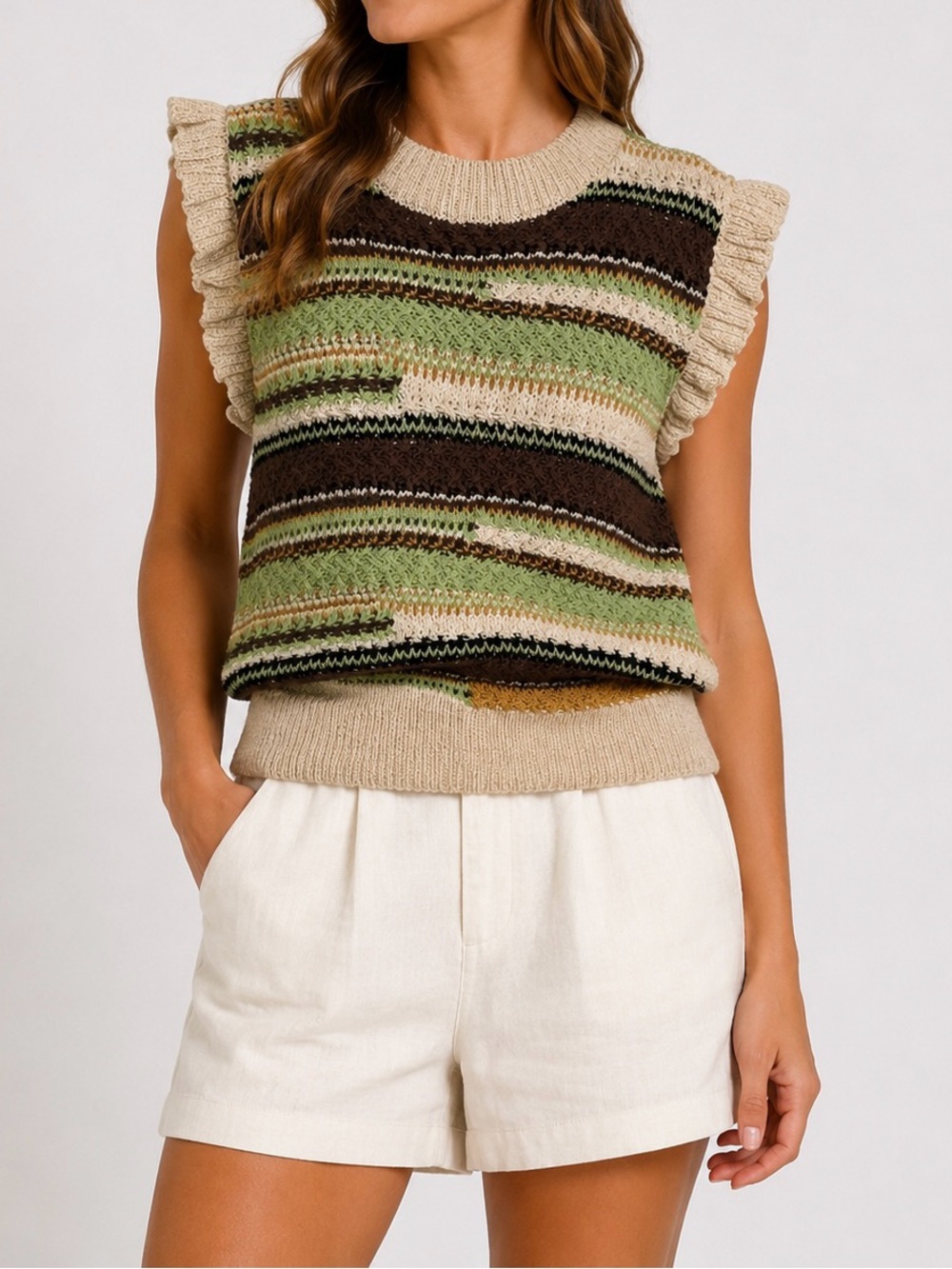 Another Love Striped Ruffle Sleeve Knit Top - Beige & Green